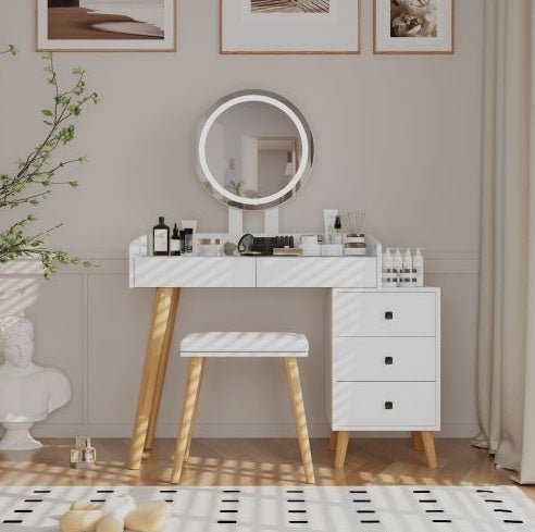 Kaptafel met LED - verlichting, Glazen Blad, Uitschuifbare Zijtafel, 5 Lades, Spiegel en Kruk voor Slaapkamer - Noventis Home