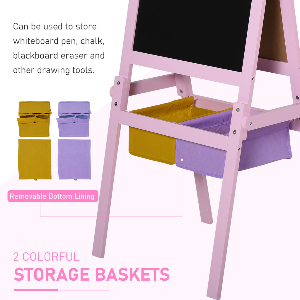 Kinder Schildersezel 3-in-1, Houten Tekenbord met Krijtbord, Whiteboard en Papierrol, Opbergmandjes, Roze