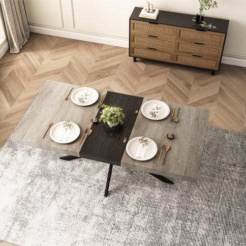 Retro Rechthoekige Uitschuifbare Eettafel, Grijs Tafelblad met Zwart Reliëf Middenpaneel, IJzeren Kruisvoet, Met Opbergvak, 140-180 cm