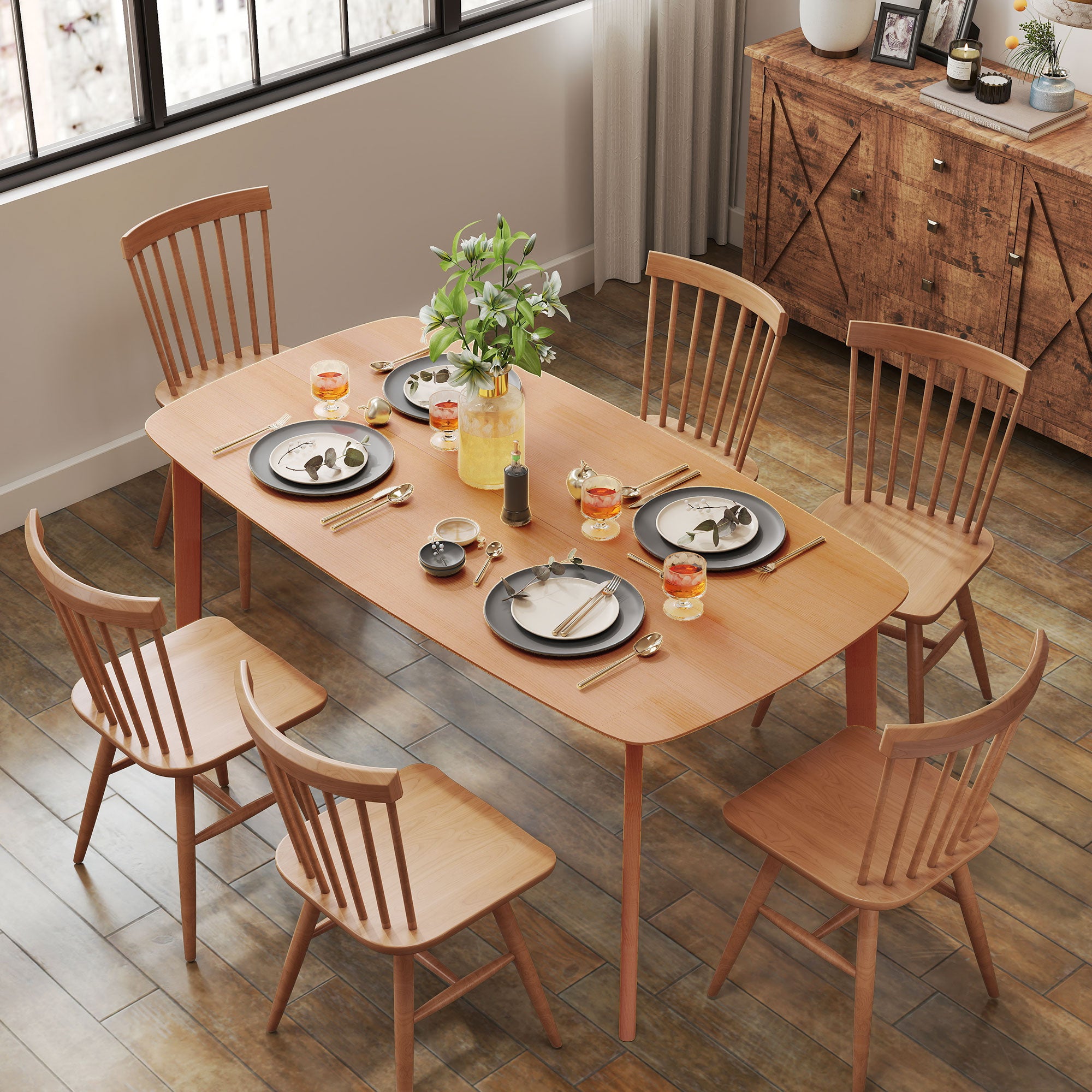 Pine Wood Dining Table For 6, 47" Rustic Rectangular Kitchen Table With Large Tabletop For Dining Room, Natural - Noventis Home