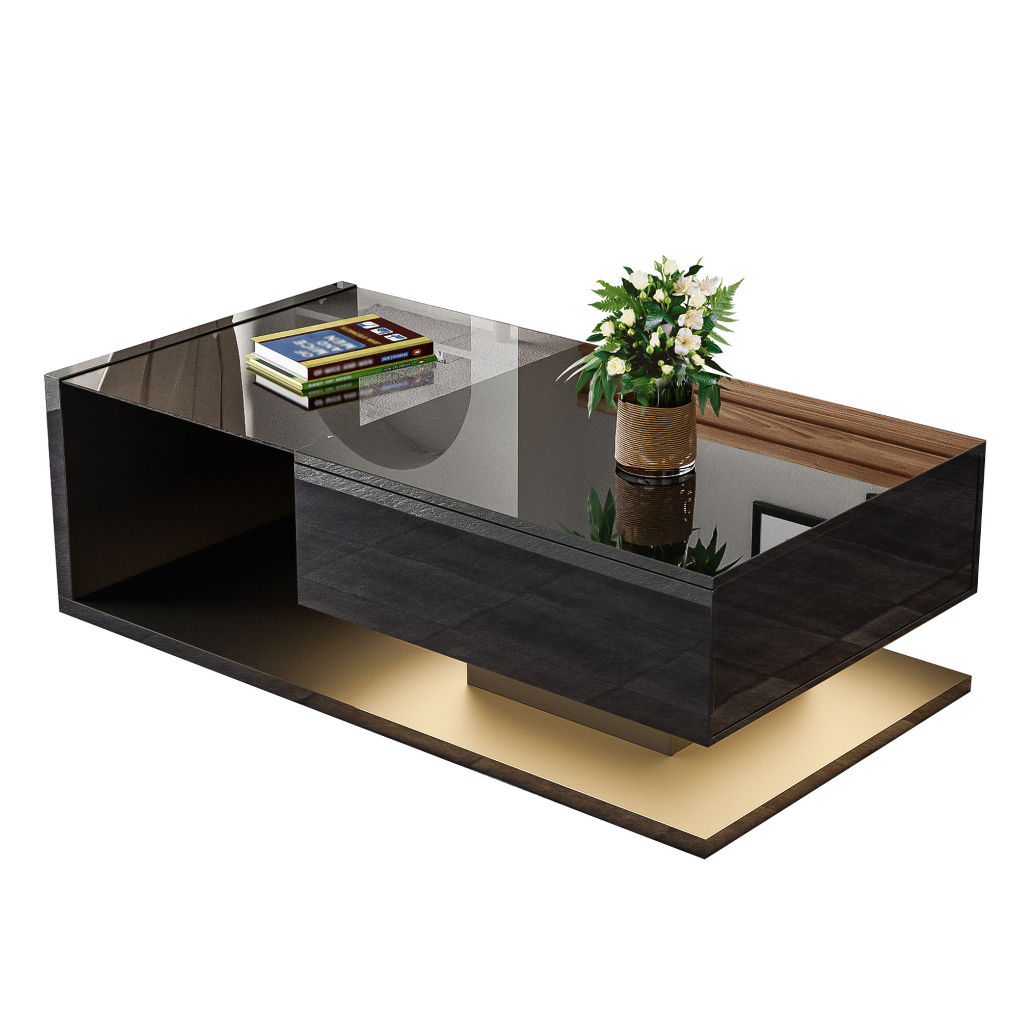 Salontafel Hoogglans Zwart met Glas en LED-verlichting, 105x55x32,5 cm