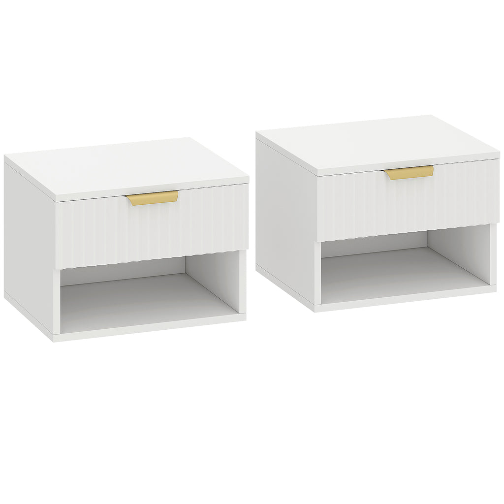 Zwevende Nachtkastjes Set van 2, Wandgemonteerd met Geribbelde Lade en Open Plank voor Slaapkamer, Wit - Noventis Home