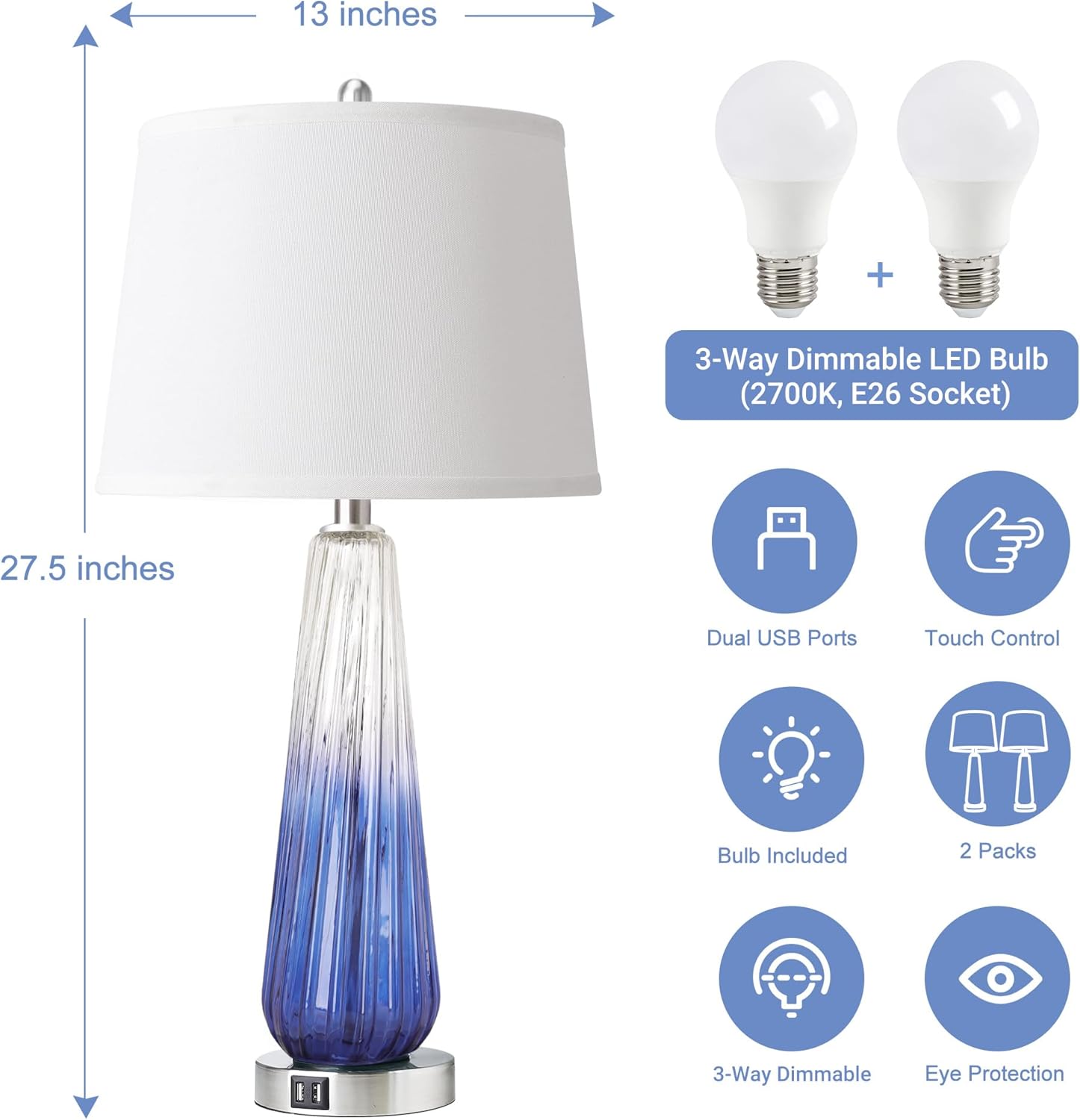 Table Lamps Set Of 2 With Touch Control, 3 - Way Dimmable Modern Glass Bedside Lamps With USB A C Ports, Nightstand Lamp With White Fabric Shade, 27.5 Large Lamps For Living Room Bedrooms Decorations - Noventis Home