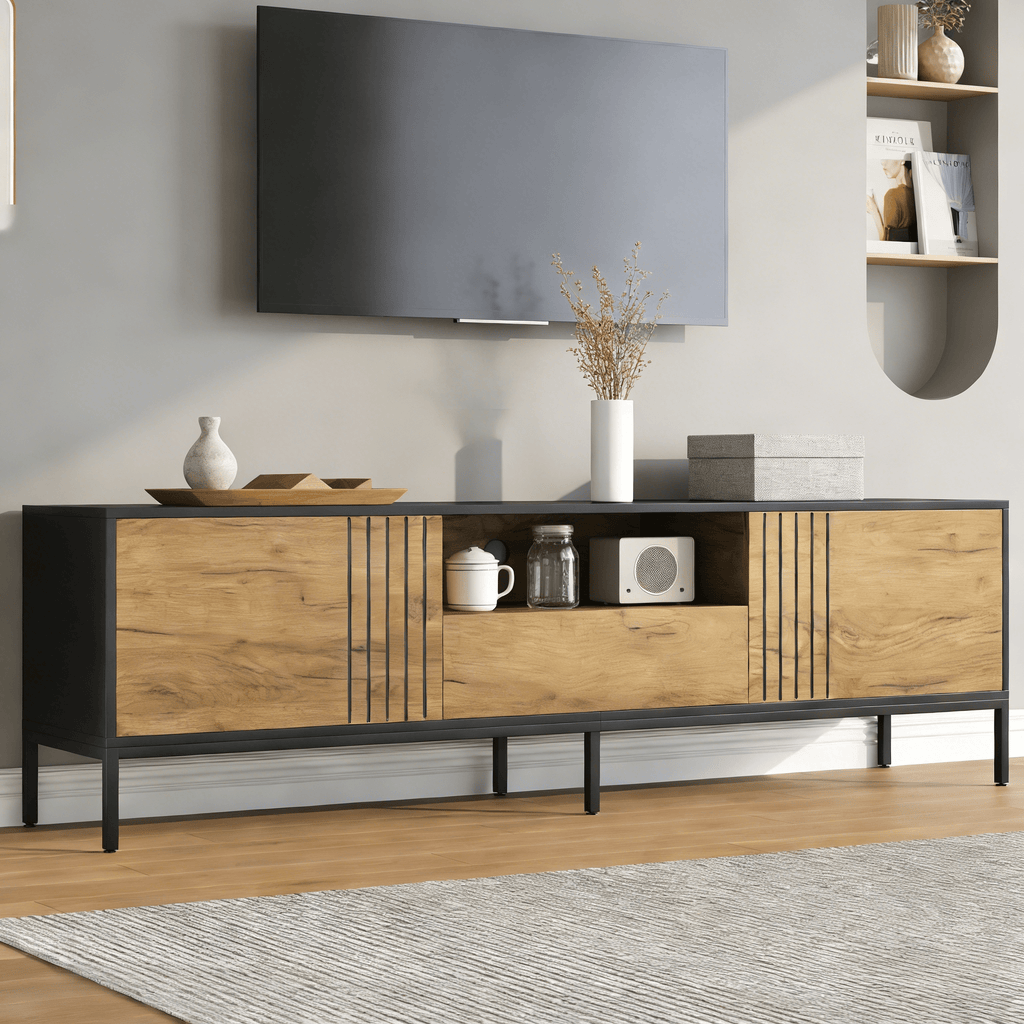170x35x50cm TV Cabinet,TV Board, TV Console With 2 Cabinets And 1 Drawer, TV Table, TV Stand, Living Room Cabinet, Suitable For TVs Up To 70 Inches,natural Wood Black - Noventis Home