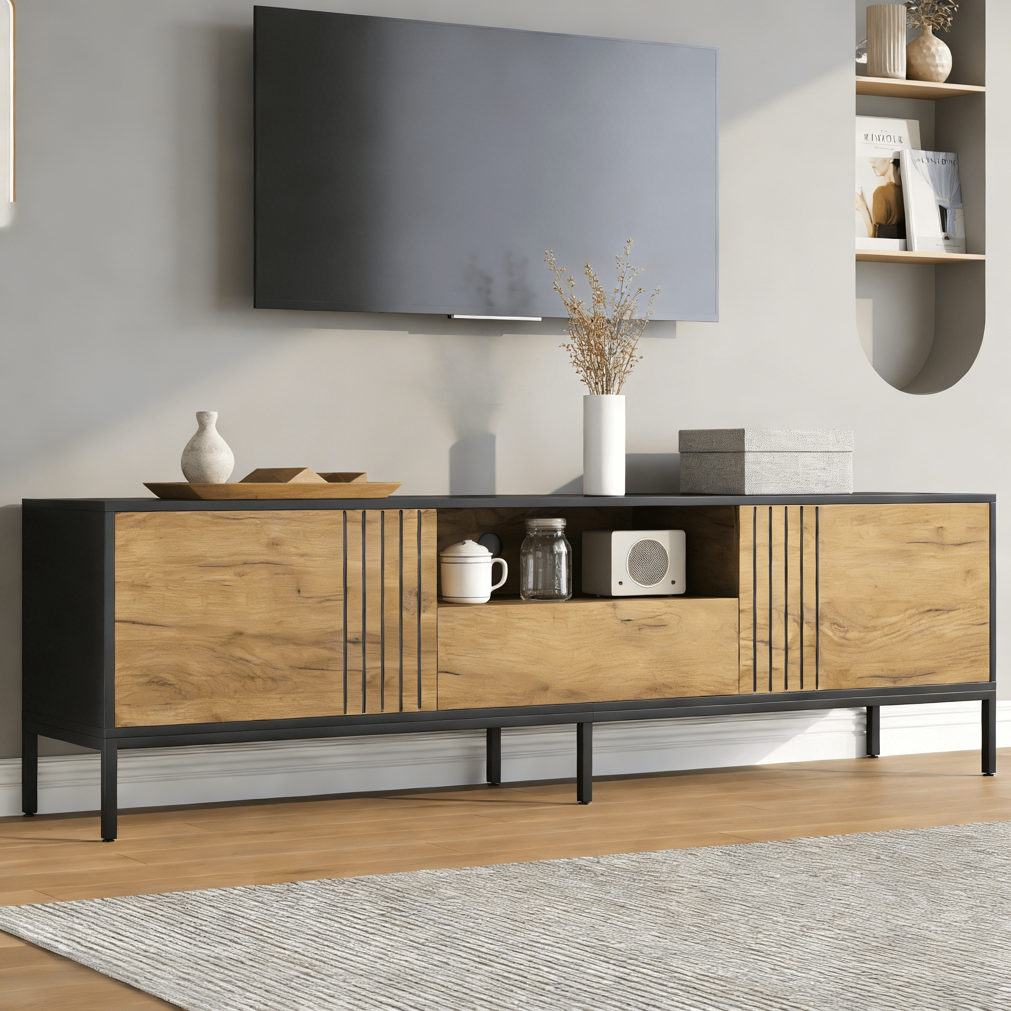 170x35x50cm TV Cabinet,TV Board, TV Console With 2 Cabinets And 1 Drawer, TV Table, TV Stand, Living Room Cabinet, Suitable For TVs Up To 70 Inches,natural Wood Black - Noventis Home