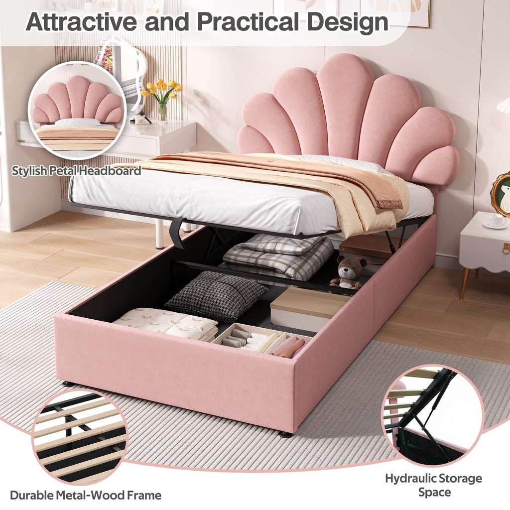 Eenpersoons Gestoffeerd Hydraulisch Bed met Verstelbaar Bloemblaadjes Hoofdeinde, Fluweel, 90x190cm, Zonder Matras - Noventis Home