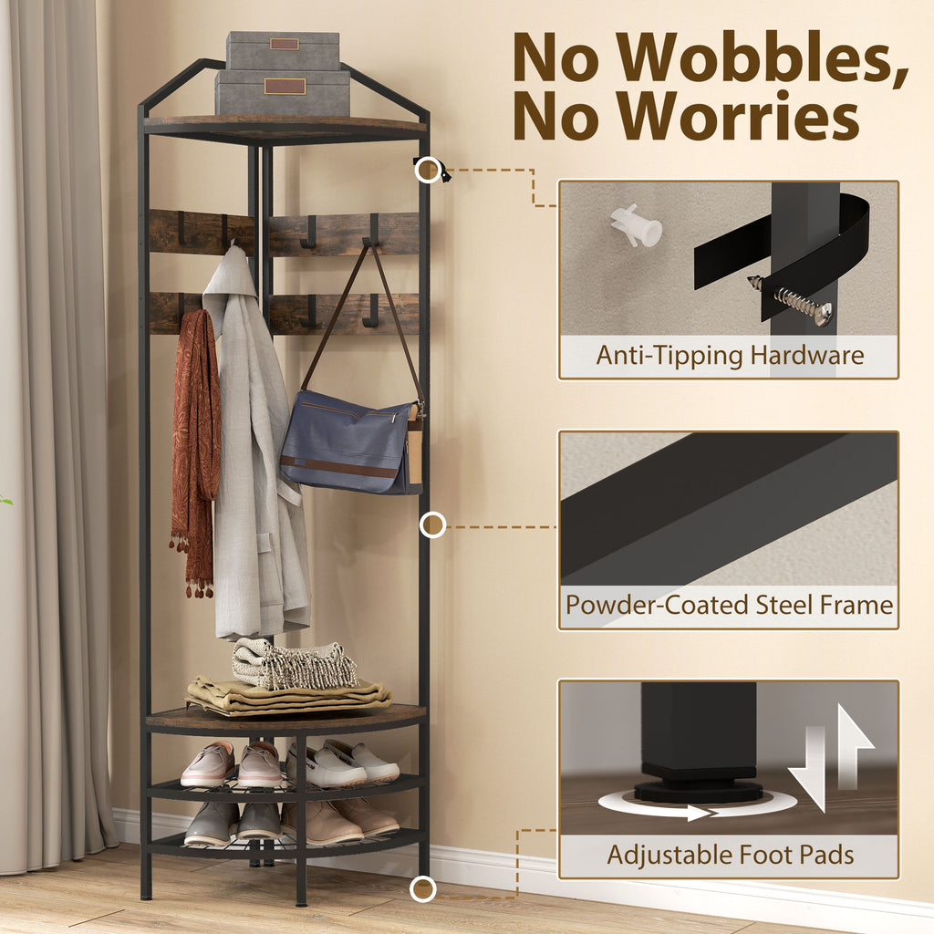 Corner Hall Tree, Industrial 4 - Tier Coat Rack with Shoe Storage, 8 Movable Hooks and 2 Shelves for Hallway, Rustic Brown - Noventis Home