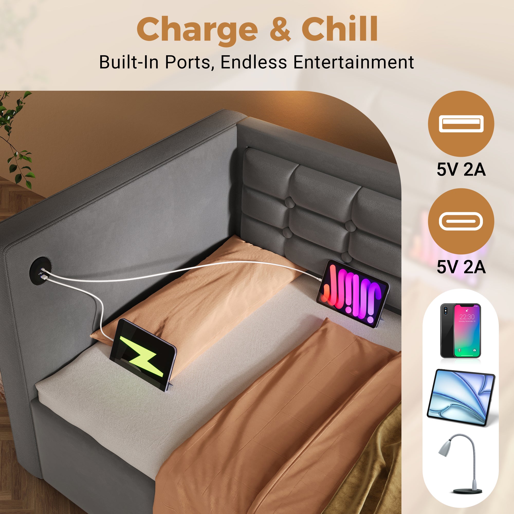 Daybed Upholstered Bed 90 X 190 Cm, 3FT Single Sofa Bed With USB &Type - C Charging Station, Hydraulic Storage Bed For Living Room And Bedroom, Velvet, Grey No Mattress - Noventis Home