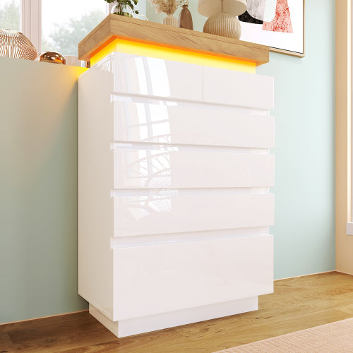 Ladekast, Hoogglans Dressoir met 6 Lades, RGB LED App-gestuurd, Multifunctioneel voor Woonkamer en Slaapkamer, 115x73x39 cm, Wit