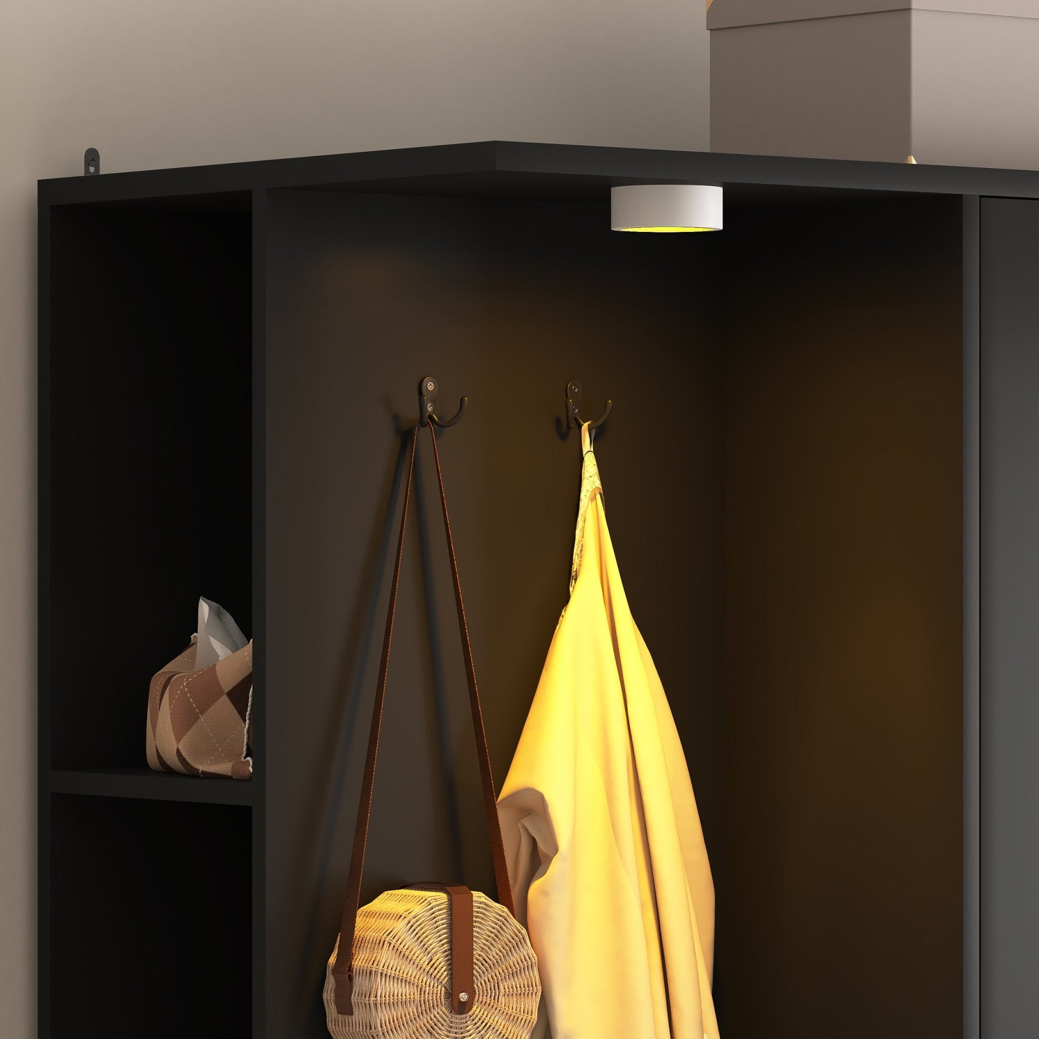 Kledingkast 182cm Hoog, 2 Deuren, 6 Lades, Opbergplanken en Kledingstang, Zwart - Noventis Home