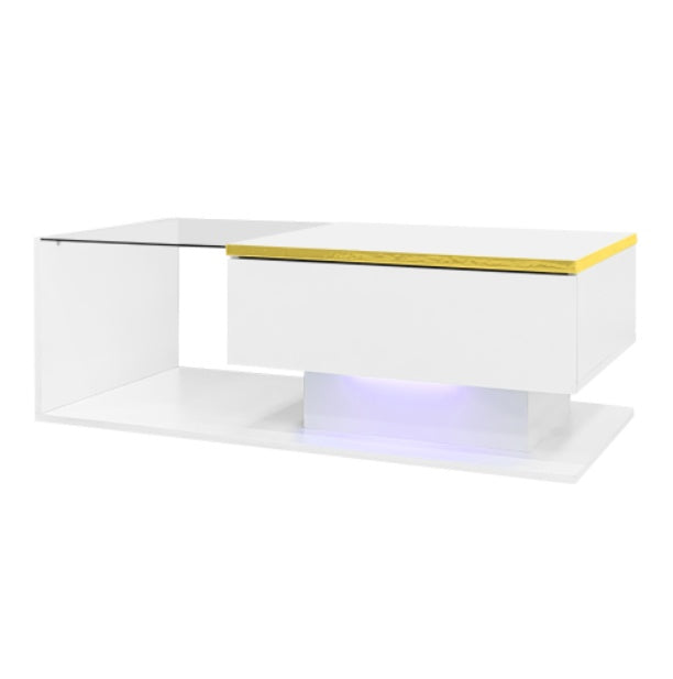Salontafel 90 cm, Hoogglans Wit, met Glas en LED-verlichting
