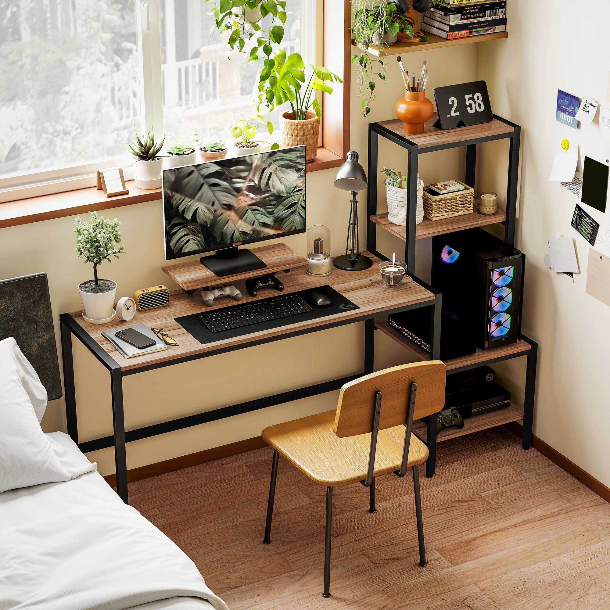 Computerbureau 170cm met Monitorstandaard en Omkeerbare 4-laags Plank, Industrieel Design, Bruin