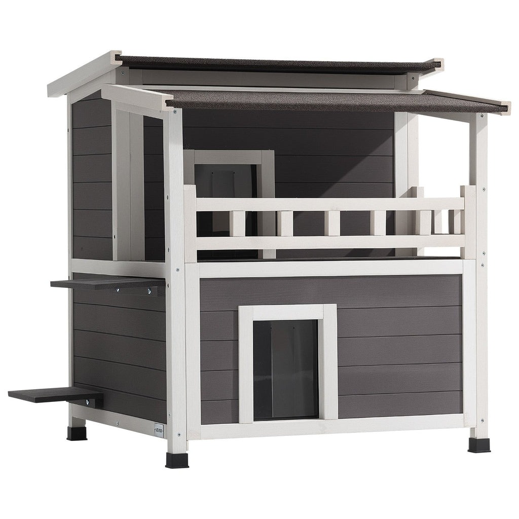 Insulated Cat House, 2 - Story Wooden Cat Shelter, Foam Insulation, Feral Kitty Shelter With Balcony, Waterproof Cats Condos For Indoor & Outdoor 1 - 3 Cats In Winter 33 X 29.5 X 32 In - Noventis Home
