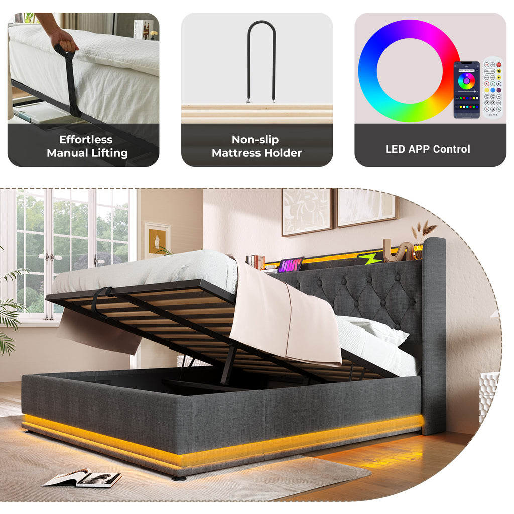 Upholstered Double Ottoman Bed With 360 Surround Led Function,Hydraulic Storage Bed Frame With Large Storage Space, 4ft6 Double Bed Frame With Charging Function,135 X190 ,Linen, Grey No Mattress - Noventis Home