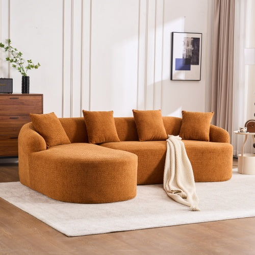 LY-022 Grijze Compressiebank met Chaise Longue en 3-zitter, Chenille Stof met Houtnerf, Inclusief 4 Kussens