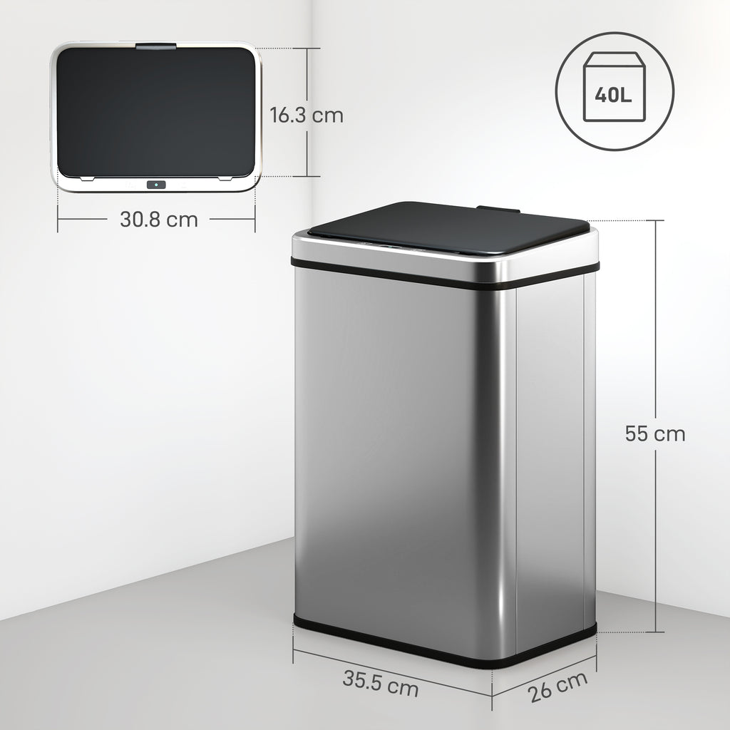 40L Sensor Prullenbak met Soft - Close Deksel, Automatische Bewegingssensor, Vingerafdrukbestendig RVS, Zilver - Noventis Home