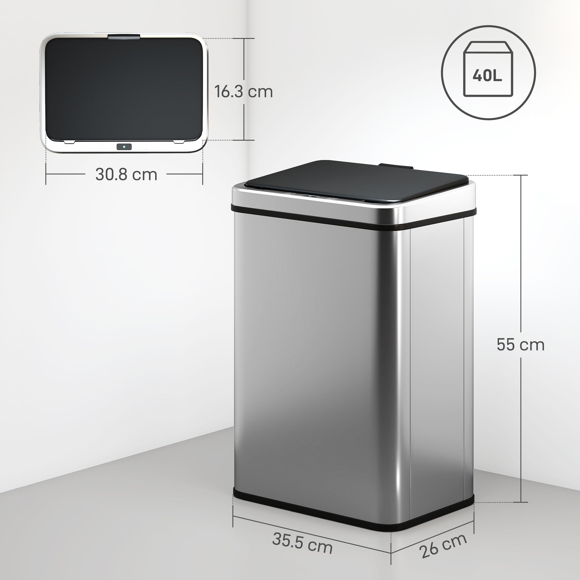 40L Sensor Prullenbak met Soft - Close Deksel, Automatische Bewegingssensor, Vingerafdrukbestendig RVS, Zilver - Noventis Home