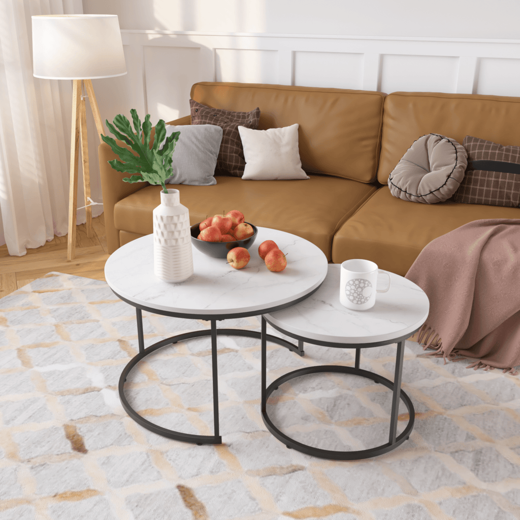 Nesting Coffee Table Set Of 2, 27.6inch Round Coffee Table Wood Marble Pattern Top With Sturdy Metal Frame, End Table Side Tables For Living Room Bedroom Balcony Yard White - Noventis Home