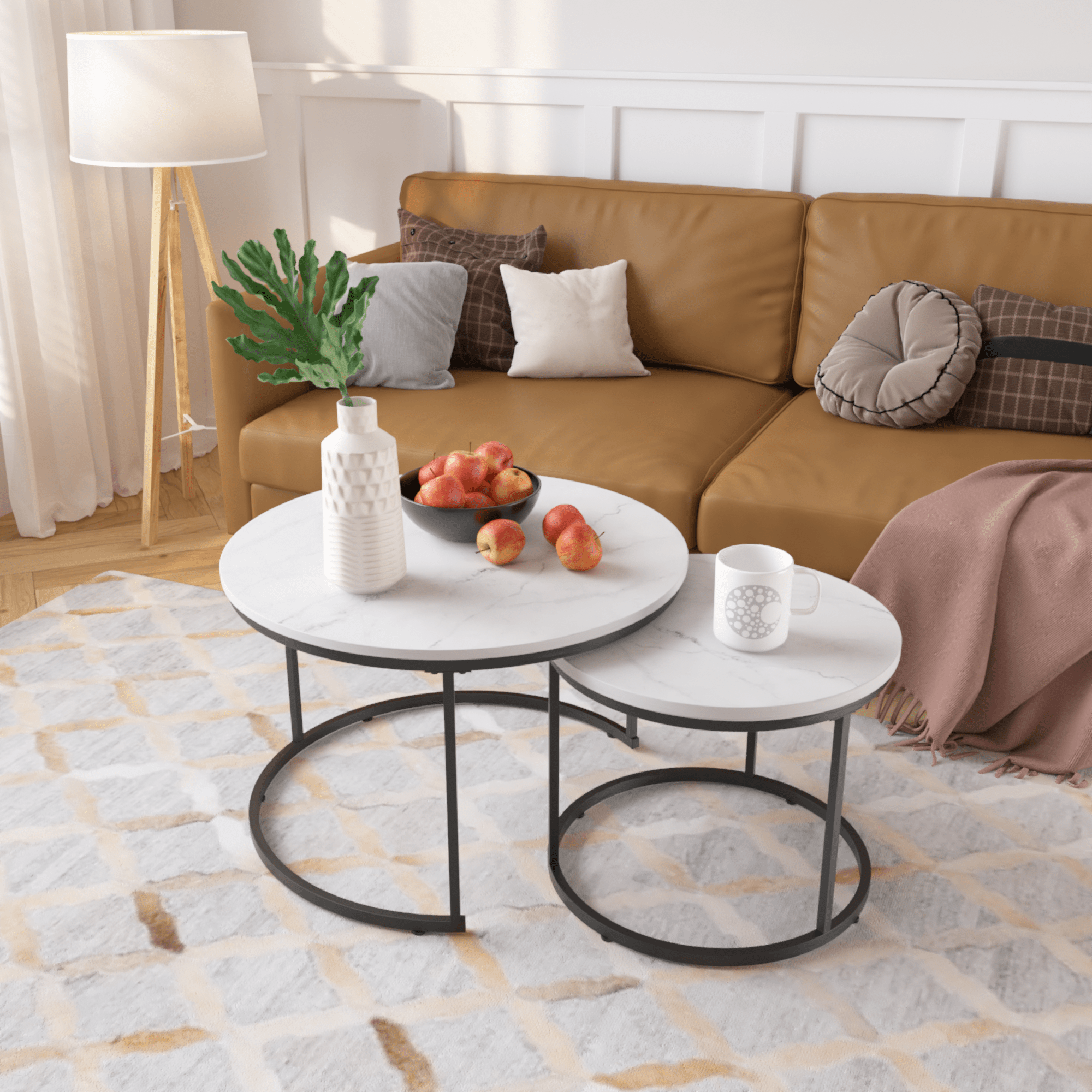 Nesting Coffee Table Set Of 2, 27.6inch Round Coffee Table Wood Marble Pattern Top With Sturdy Metal Frame, End Table Side Tables For Living Room Bedroom Balcony Yard White - Noventis Home