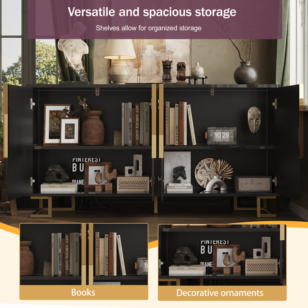 Zwart Dressoir 152x40x75cm met Uniek Geometrisch Design en Gouden Handgrepen en Poten