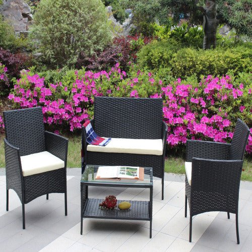 4 PC Rattan Patio Furniture Set Outdoor Patio Cushioned Seat Wicker Sofa Beige Cushion - Noventis Home