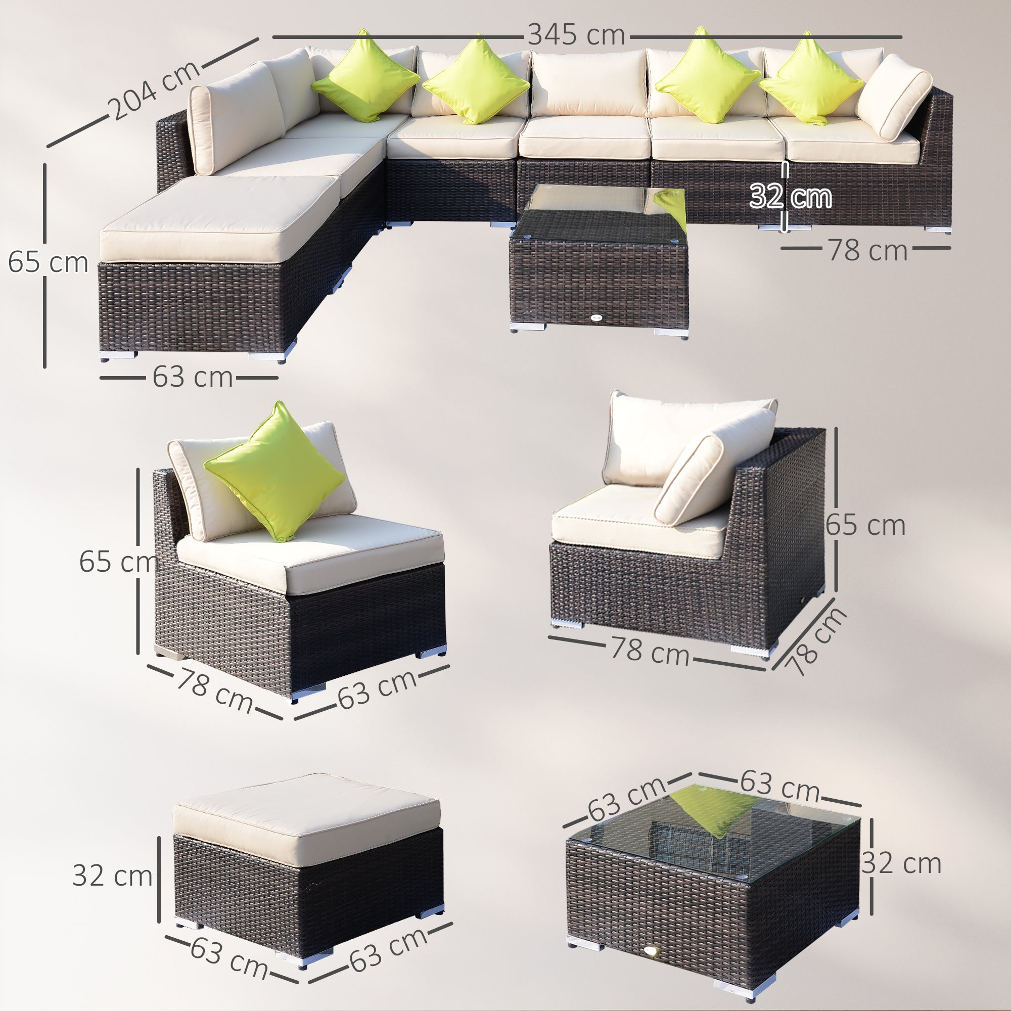 8 Piece Rattan Corner Sofa Set With Wide & Deep Seat, Assembled Aluminium PE Rattan Garden Furniture Set With Thick Cushions And Glass Top Table For Outdoor, Conservatory, Mixed Brown - Noventis Home