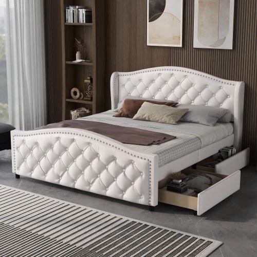 Gestoffeerd Bed 135 x 190 cm - Bed met Lattenbodem, 2 Lades en Hoofdeinde met Siernagels - Hout & Kunstleer - Wit - Jeugdbed / Logeerbed - Noventis Home