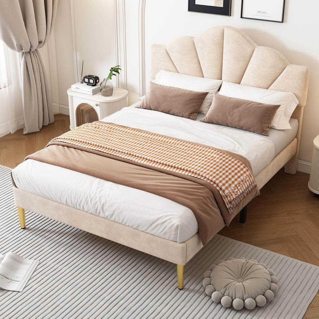 Velvet Upholstered Bed,Double Bed - 4ft6 135x190cm, Shell - like Bed With Golden Iron Legs, Height - adjustable Headboard, Wooden Slatted Frame, Beige - Noventis Home