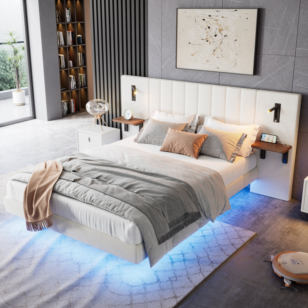 Upholstered Bed, Adults Teenagers King Bed 150x200cm, 2 Bedside Lamps, Headboard Storage Function, With Charging Socket, With Light Strip Under The Bed,Soft Headboard, Velvet - Iron, White - Noventis Home
