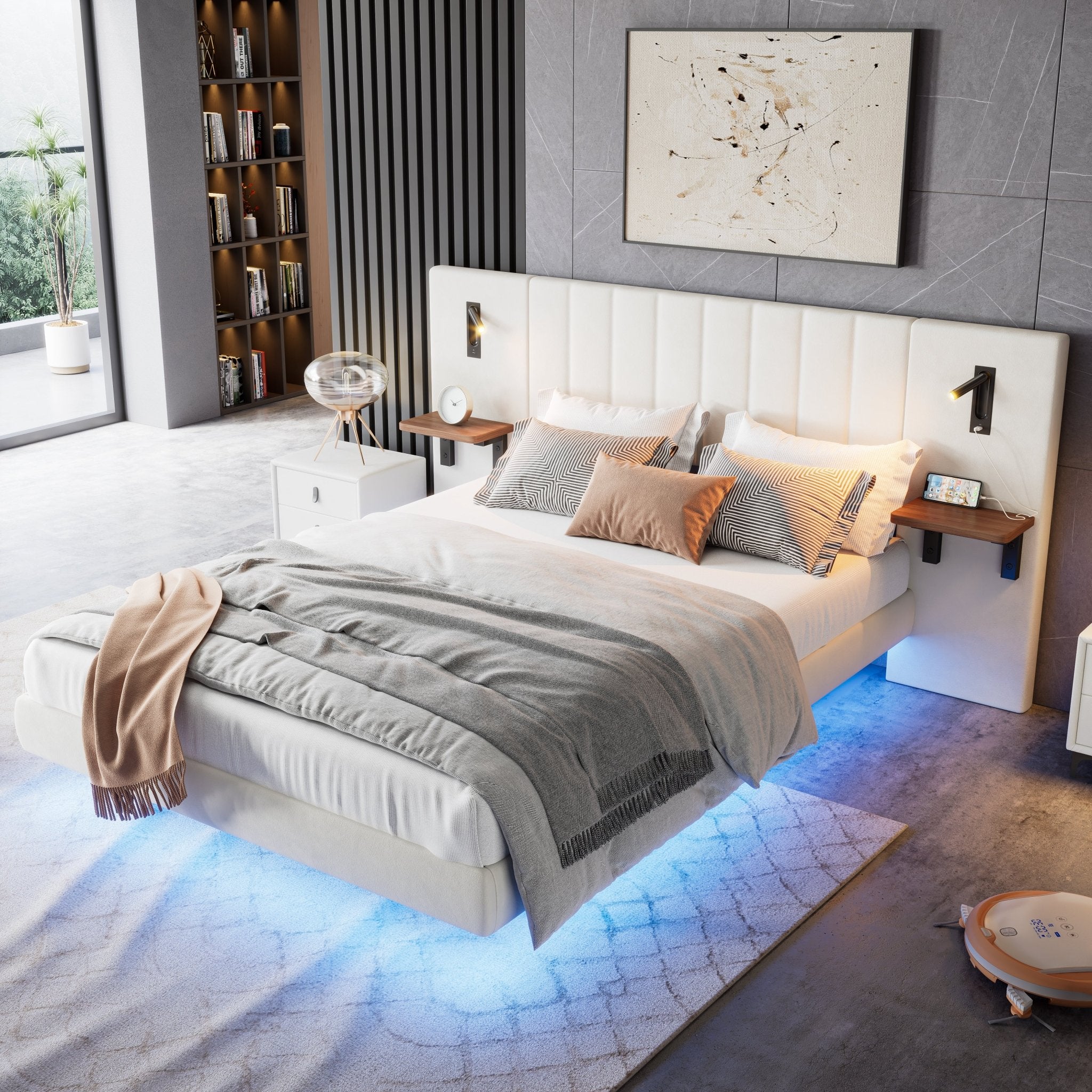 Upholstered Bed, Adults Teenagers King Bed 150x200cm, 2 Bedside Lamps, Headboard Storage Function, With Charging Socket, With Light Strip Under The Bed,Soft Headboard, Velvet - Iron, White - Noventis Home