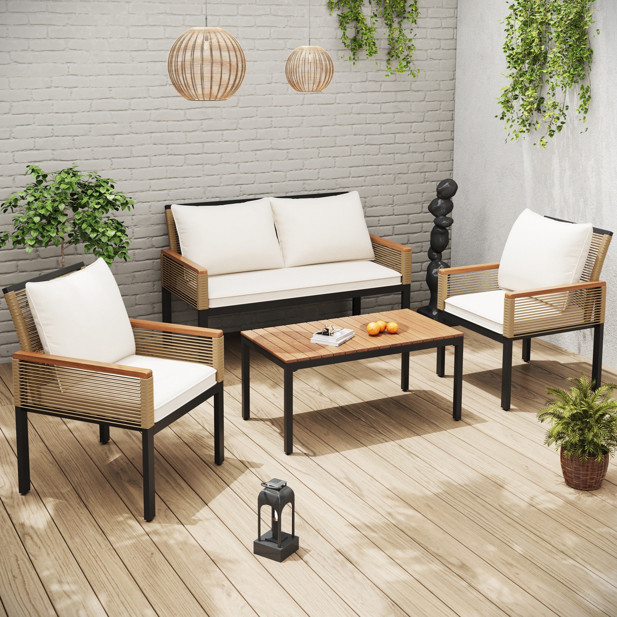 Tuinloungeset, Tuinmeubelset met Kussens, Dubbele Bank, 2 Fauteuils en Tafel, Buiten, Rattan, Beige