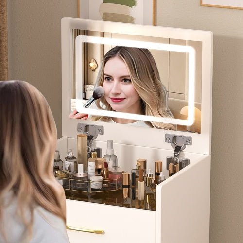 3 In 1 Vanity Desk With Open Top Mirror,Small Make Up Vanity Set With Visible Glass Desktop,Compact Makeup Vanity With 3 Drawers,Dressing Table For Bedroom - Noventis Home