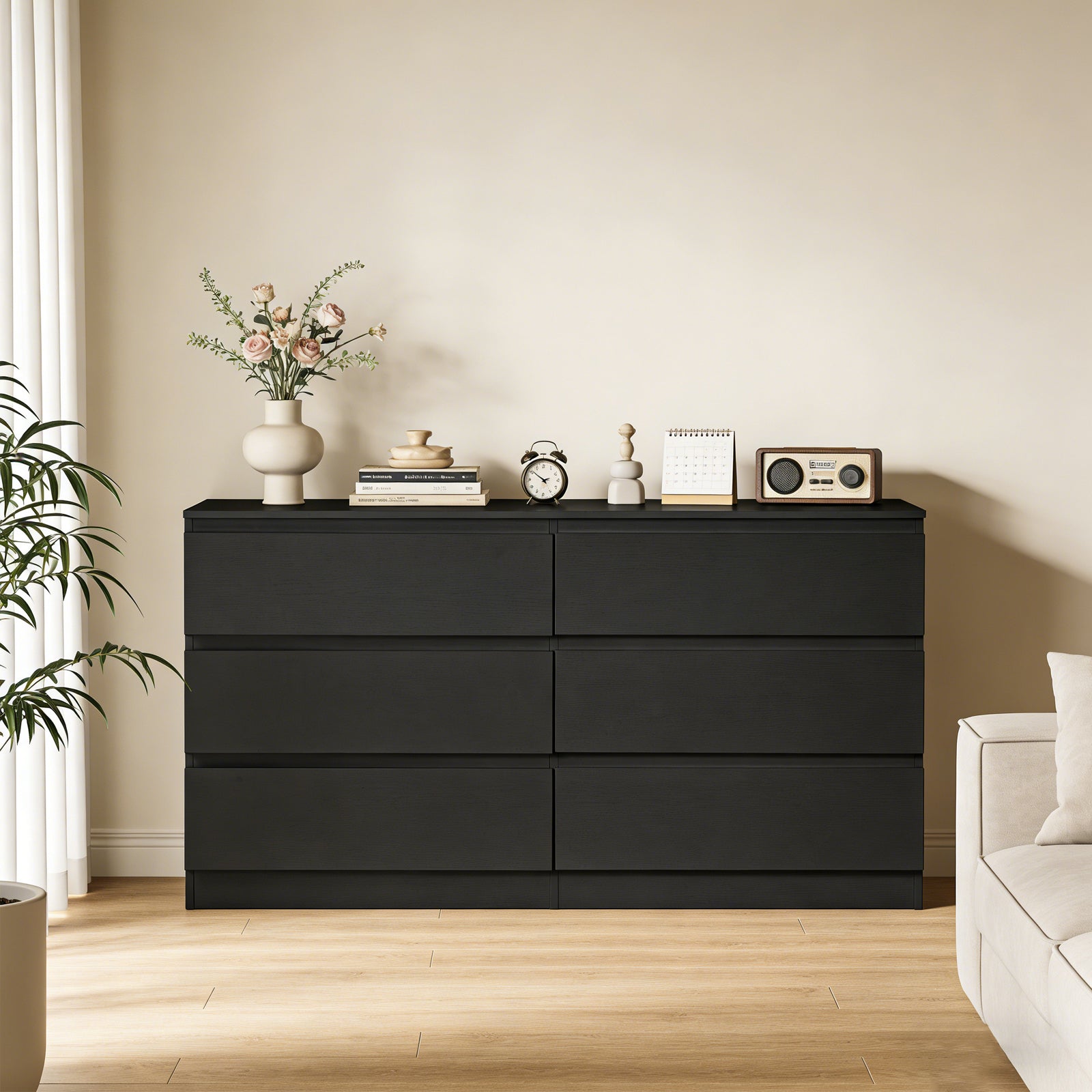 6 Drawer Black Dresser, Modern Bedroom Dresser With Spacious Countertop, Wood Storage Cabinet With Concealed Handles & 6 Deep Drawers For Bedroom, Living Room, Entryway, 15.7 D X 47.2W X 30.9 H - Noventis Home