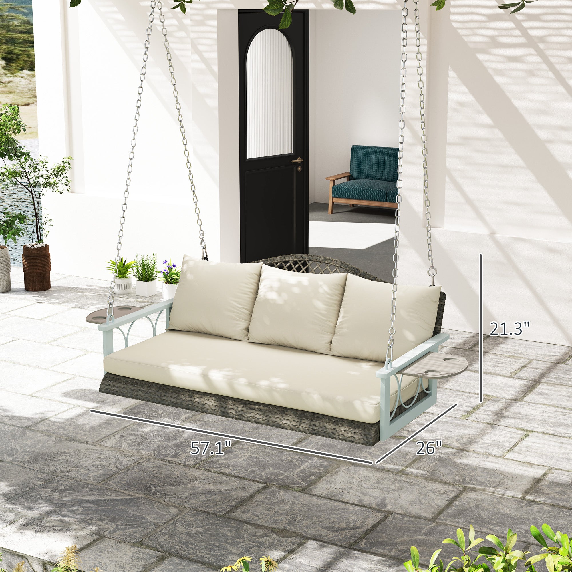 3 Person Wicker Hanging Outdoor Patio Porch Swing Bench With Cup Holders, Cushions, And Chains, Natural - Noventis Home