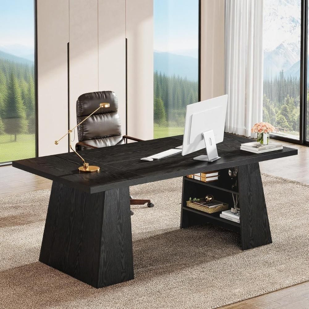 Directiebureau 160cm, Modern Groot Kantoorbureau met Dubbele Sokkel en Opbergplanken, Zwart
