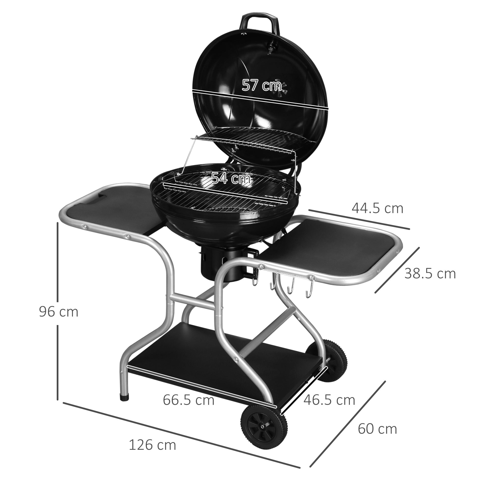 Portable Charcoal Kettle Grill Outdoor Barbecue Trolley BBQ Heat Smoker Grilling With 2 Wheels, Storage Shelf And 4 Hooks, Free Standing, Black - Noventis Home