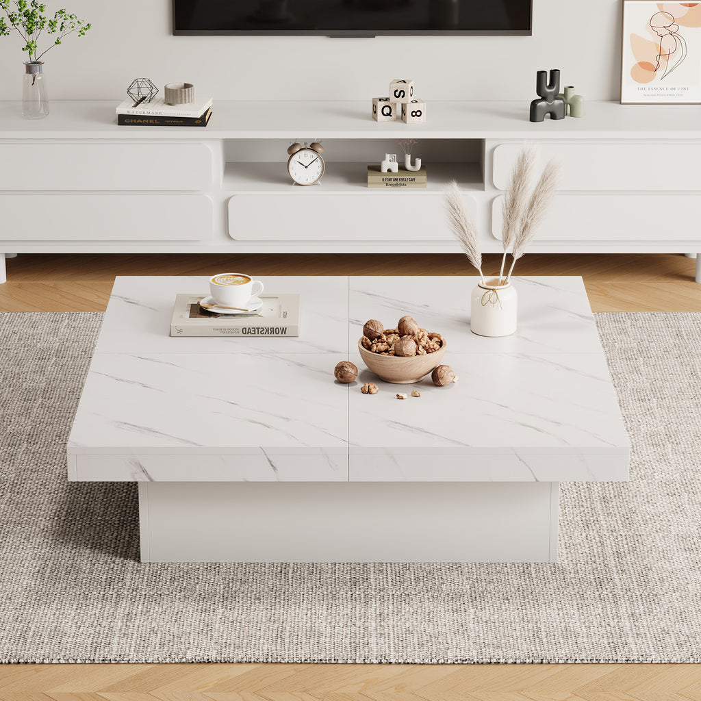 Modern Square Coffee Table With Marble Look, Centre Tea Table With 4 Sliding Drawers, Coffee End Table, 90 X 90 X 25 Cm, For Livingroom Office, White - Noventis Home