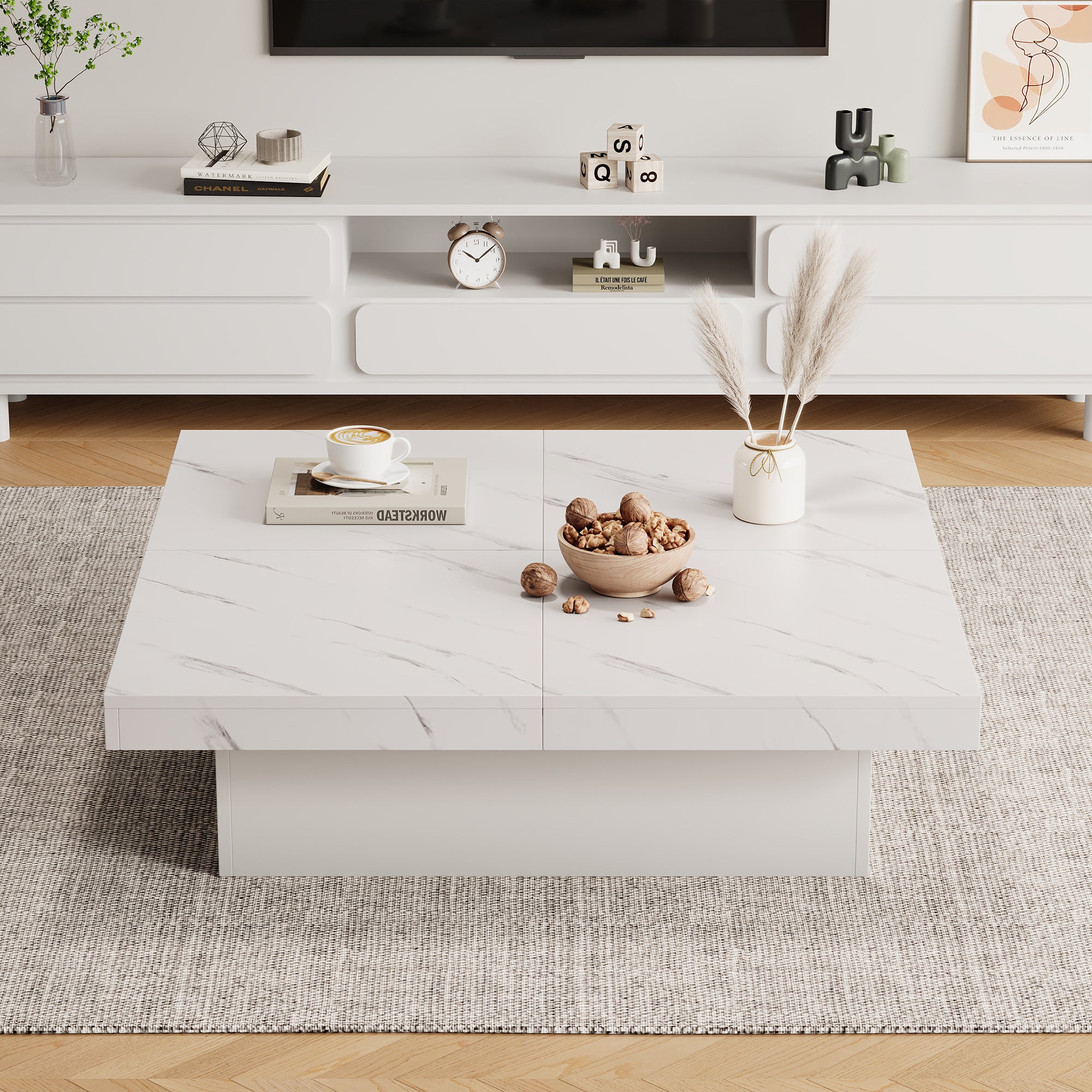 Modern Square Coffee Table With Marble Look, Centre Tea Table With 4 Sliding Drawers, Coffee End Table, 90 X 90 X 25 Cm, For Livingroom Office, White - Noventis Home