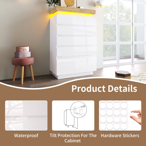 Ladekast, Hoogglans Dressoir met 6 Lades, RGB LED App-gestuurd, Multifunctioneel voor Woonkamer en Slaapkamer, 115x73x39 cm, Wit