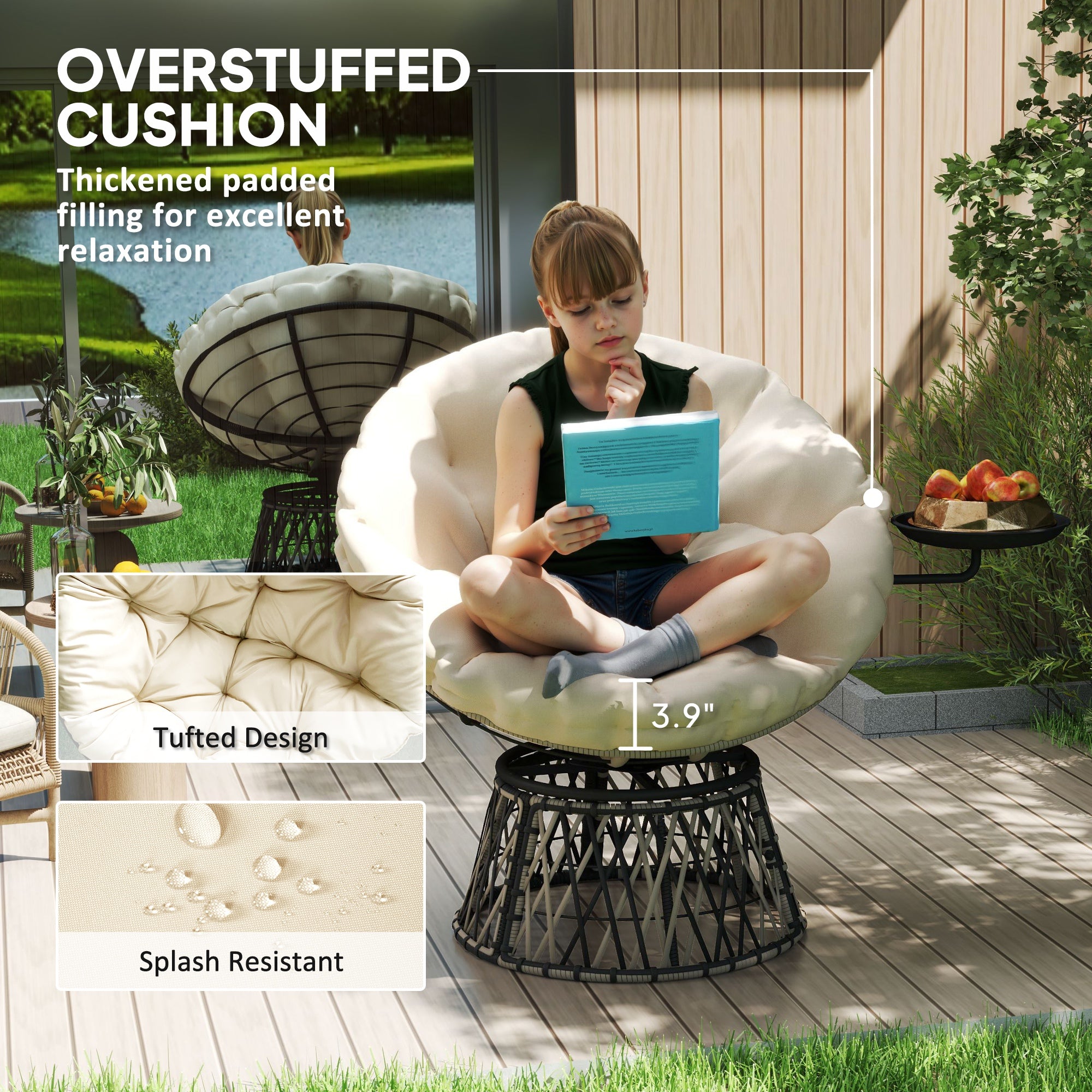 360 Swivel Outdoor Papasan Chair, 39 Overstuffed Circle Chair With Side Tray, Thick Cushion For Indoor Patio, Beige - Noventis Home