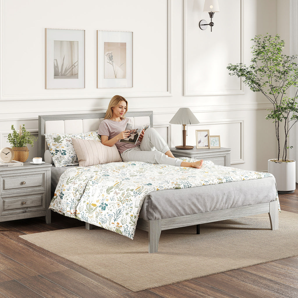 Tweepersoons Platform Bedframe met Gestoffeerd Hoofdeinde en Houten Latten, Geen Boxspring Nodig, Grijs - Noventis Home