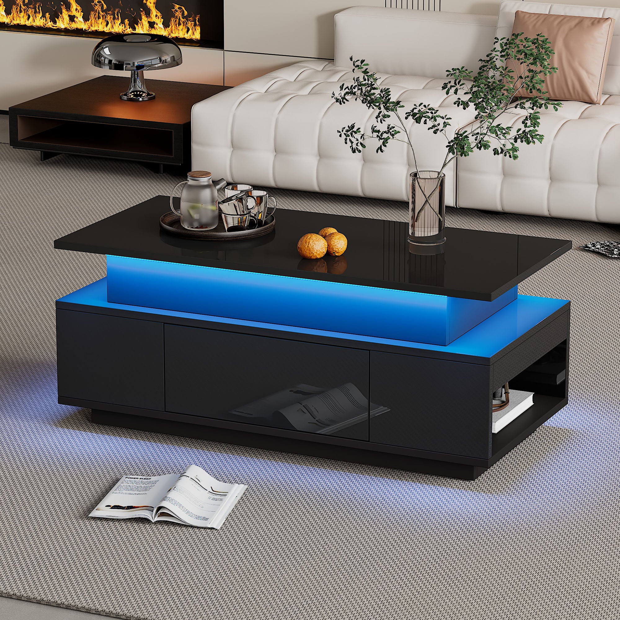 Lift - Top Coffee Table, Highgloss Centre Table With 1 Drawers & LED Lights, Hidden Storage Space, Lifting Sofa Side Table, Space - saving End Table,Tea Table,for Livingroom, Office, 96x45x40m, Black - Noventis Home