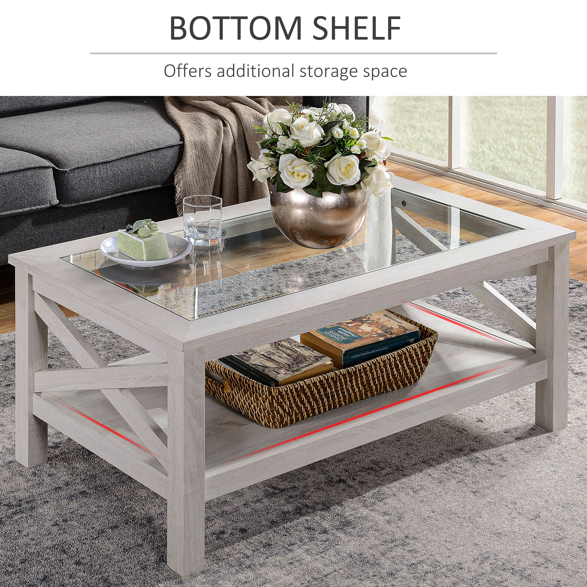 Coffee Table with Tempered Glass Tabletop, Living Room Table with Wood Frame and Underneath Storage Shelf, White Oak - Noventis Home