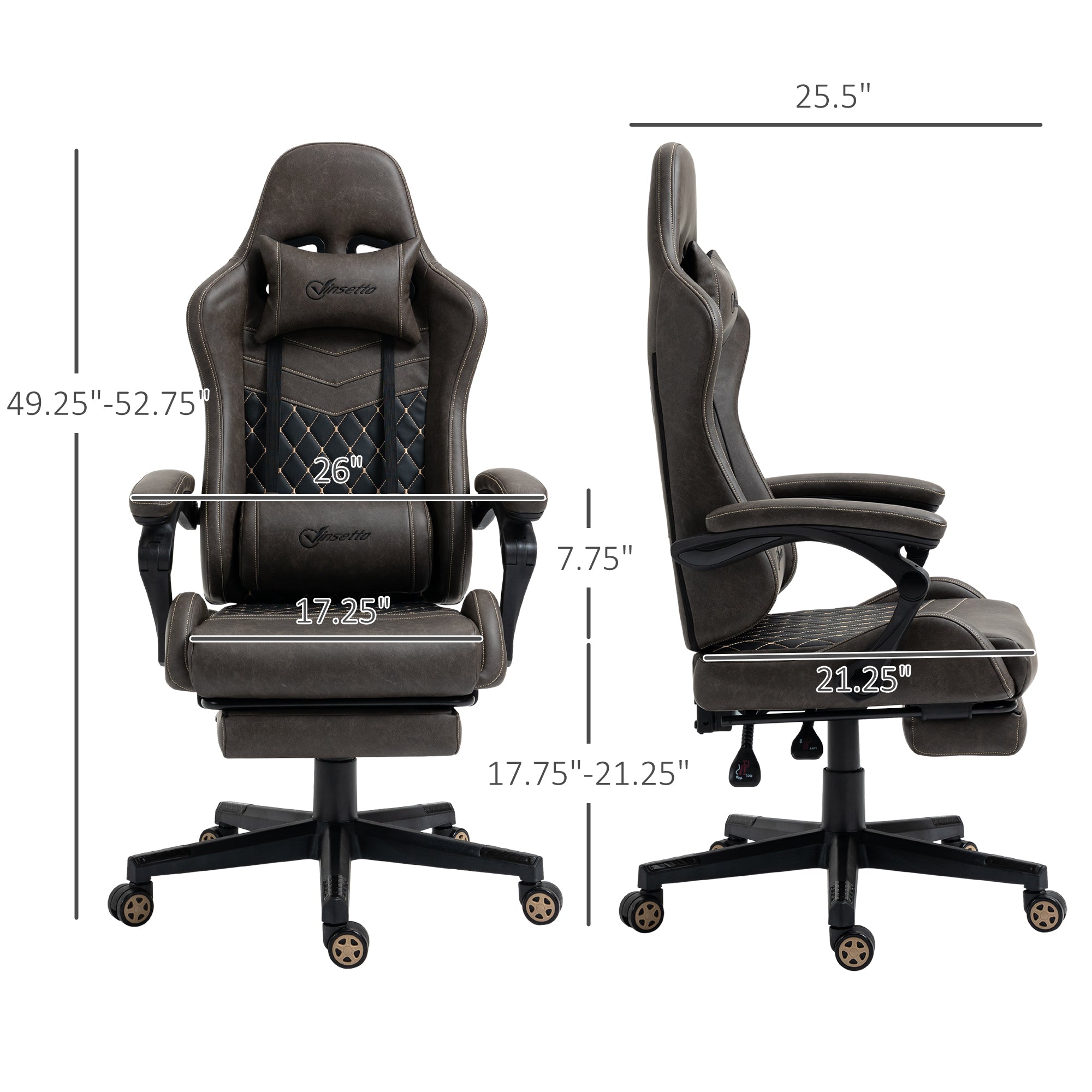 Racing Gaming Chair Diamond PU Leather Office Gamer Chair High Back Swivel Recliner with Footrest, Lumbar Support, Adjustable Height, Brown - Noventis Home
