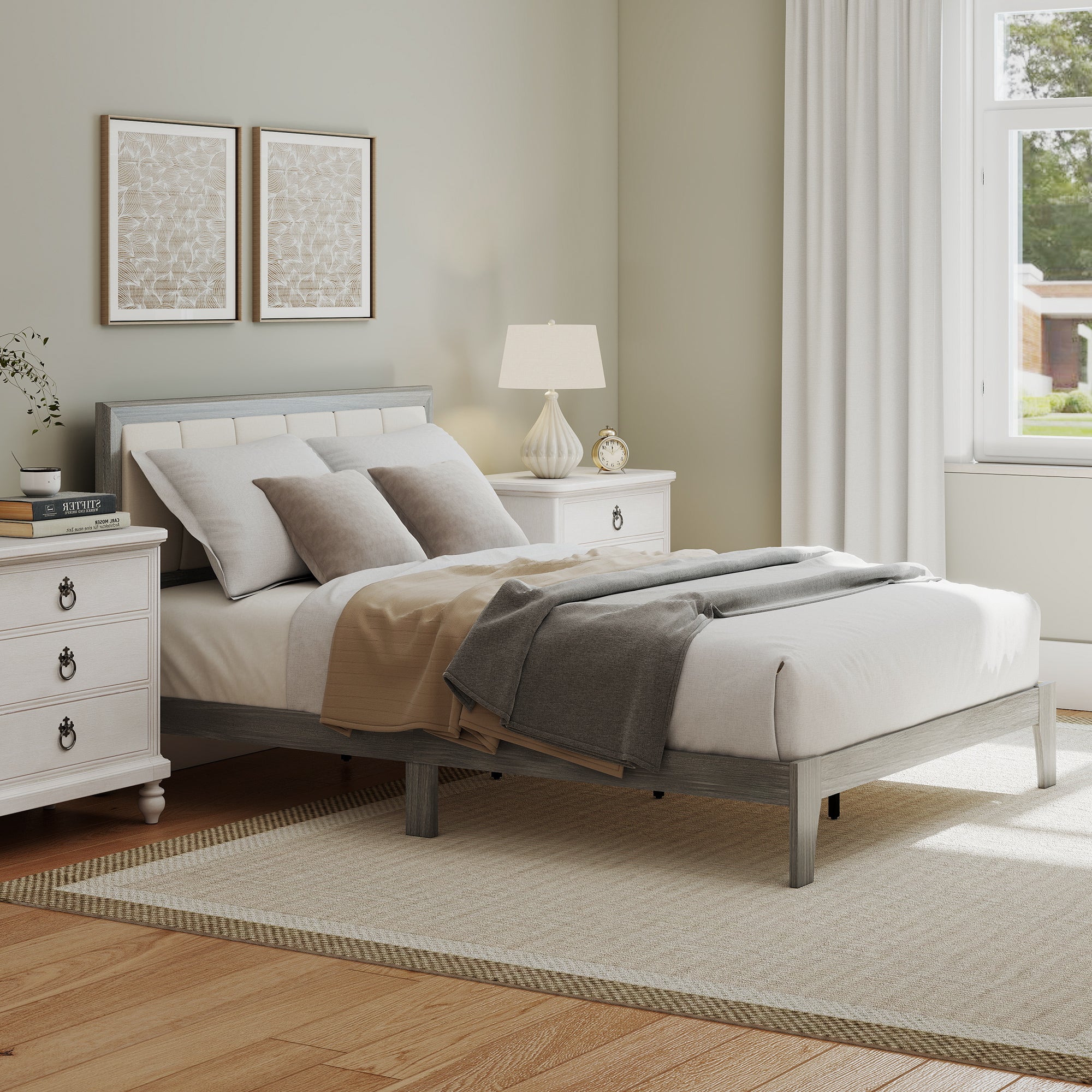 Tweepersoons Platform Bedframe met Gestoffeerd Hoofdeinde en Houten Latten, Geen Boxspring Nodig, Grijs - Noventis Home