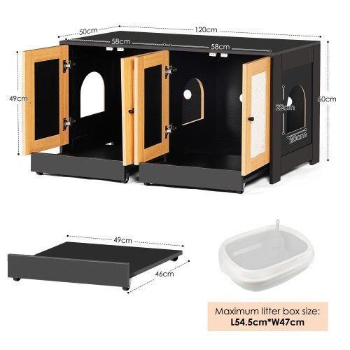 Double Litter Box Enclosure,Cat Litter Box Enclosure For 2 Cats, Hidden Litter Box Furniture With Rattan Doors, 47 L X 19.8 W X 21.8 H,Black - Noventis Home