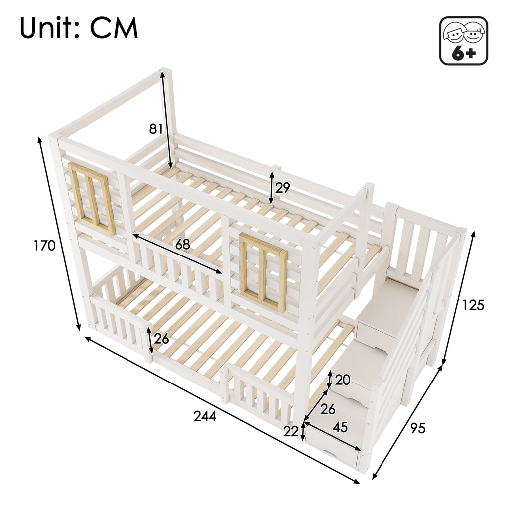 Stapelbed voor Kinderen, Houten Huisbed met Trapkast, Multifunctioneel Boomhutbed, Kinderhuisbed, Tweeling Slaapplaats 90+90 x 190 cm, Massief Hout, Wit - Noventis Home