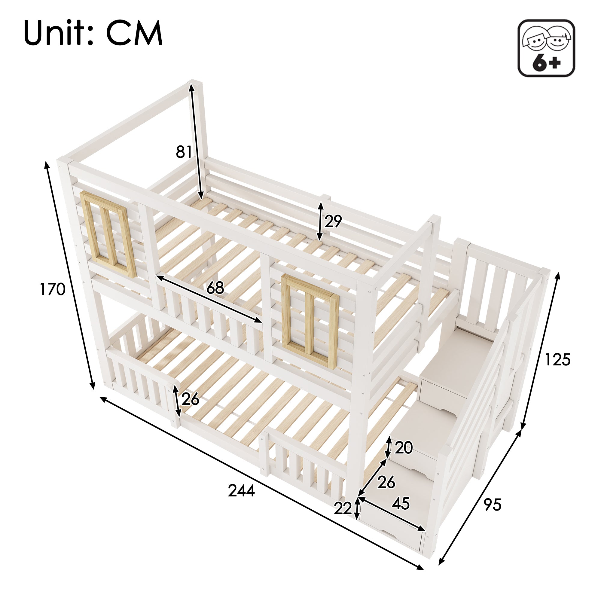 Stapelbed voor Kinderen, Houten Huisbed met Trapkast, Multifunctioneel Boomhutbed, Kinderhuisbed, Tweeling Slaapplaats 90+90 x 190 cm, Massief Hout, Wit - Noventis Home