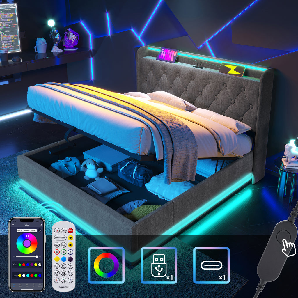 Upholstered Double Ottoman Bed With 360 Surround Led Function,Hydraulic Storage Bed Frame With Large Storage Space, 4ft6 Double Bed Frame With Charging Function,135 X190 ,Linen, Grey No Mattress - Noventis Home