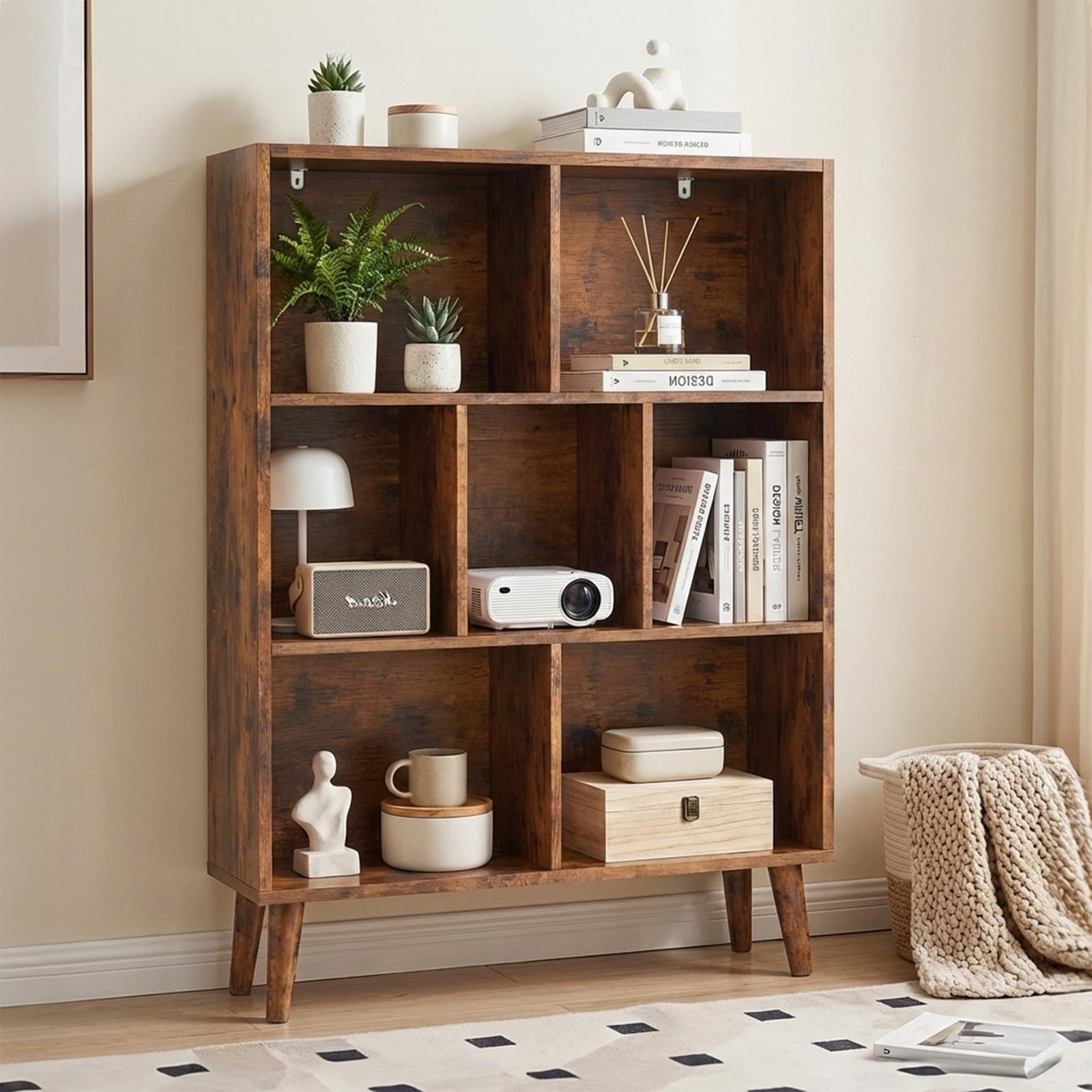 Wooden Cubic Bookshelf, Three - layer Open Cabinet With Legs, Made Of Natural Wood - Noventis Home